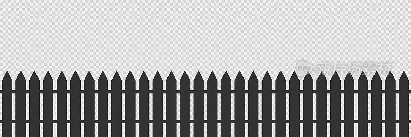 木栅栏上透明的背景。孤立的花园屏障在黑色。农场围栏横幅的简单插图。乡村的墙。向量EPS 10。